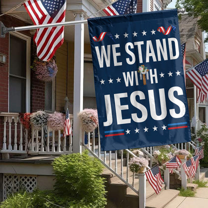 Teesdily | We Stand With Jesus House Flag, Christian Cross Flower Garden Flag, Christian Patriotic Yard Decor, Christ Banner Flag, Jesus Lovers Gifts