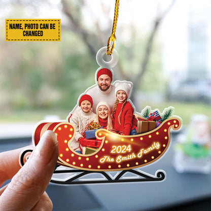 Teesdily | Personalized Photo Family Santa Sleigh Christmas Ornament, Family Ornament 2024 Merry Christmas, Christmas Tree Hanging Decor, Xmas Gift