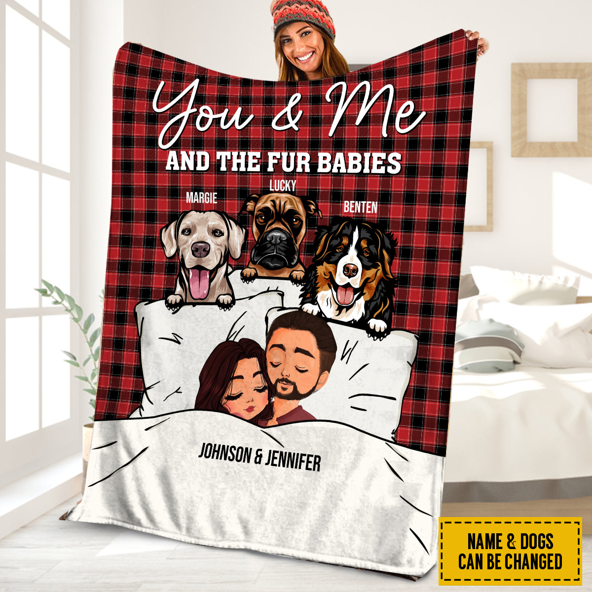 Teesdily | Dog Mom Dad Couple Customized Name Fleece Blanket Dogs Christmas Plaid Sherpa Blanket You Me And The Fur Babies Blanket Gift For Dog Owners