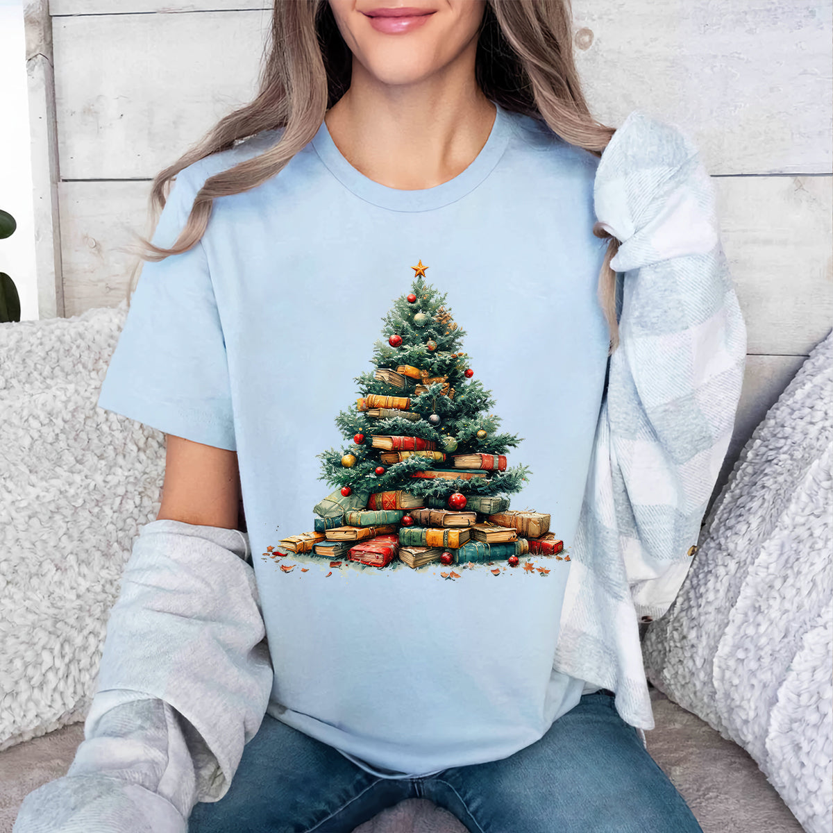 Teesdily | Book Christmas Tree Shirt, Christmas Bookworm Shirt, Reading Sweatshirt Hoodie Mug, Book Lover Gift, Librarian Shirt, Christmas Gift