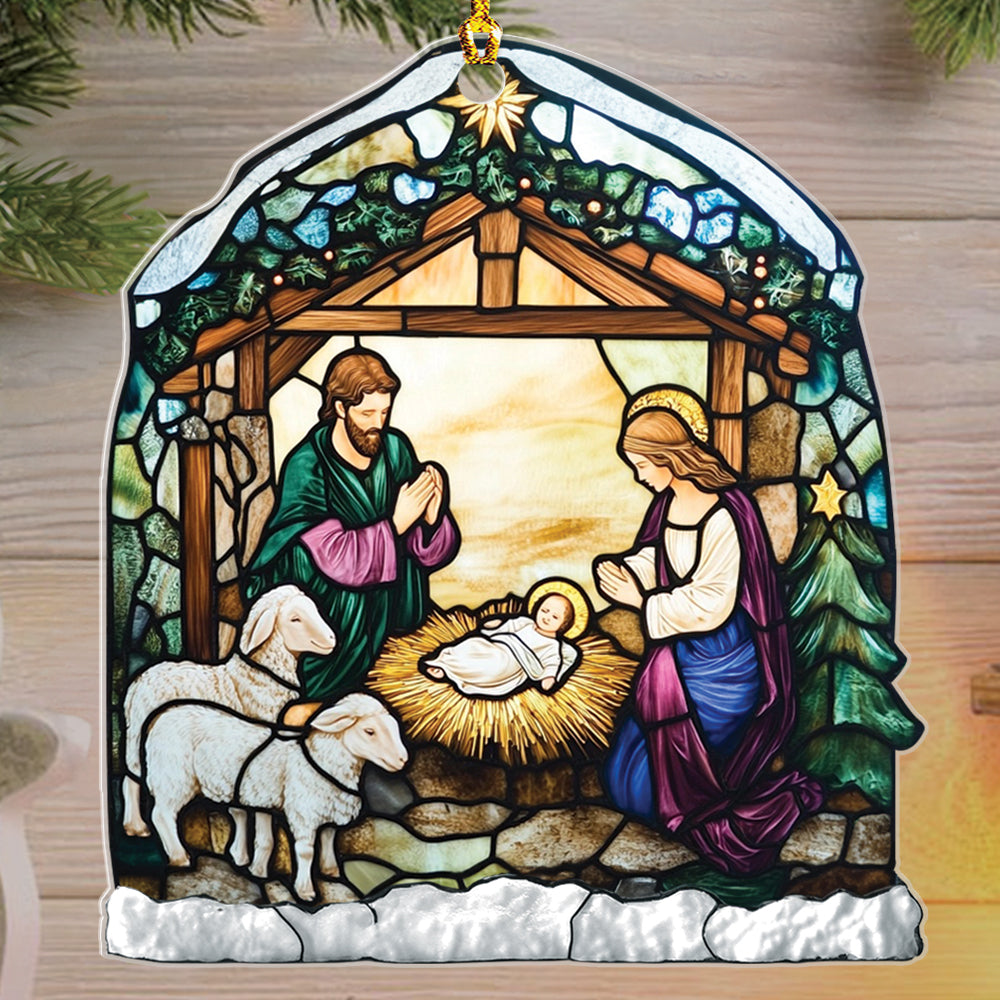 Teesdily | Nativity Scene Acrylic Ornament , Nativity Jesus Snowy House Christmas Ornament, Religious Jesus Lover Gift