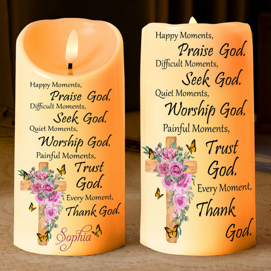 Teesdily | Customized Jesus Christ Cross Floral LED Candle No Battery, Flowers Bible Verse Prayers Religious Christmas Gift