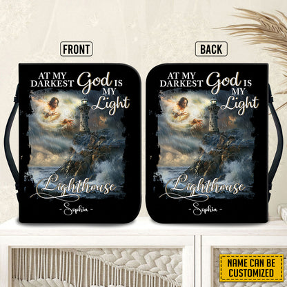 Teesdily | Personalized Jesus Lighthouse Storm Bible Cover, At My Darkest God Is My Light Bible Case With Handle, God Faith Christian Religious Gift