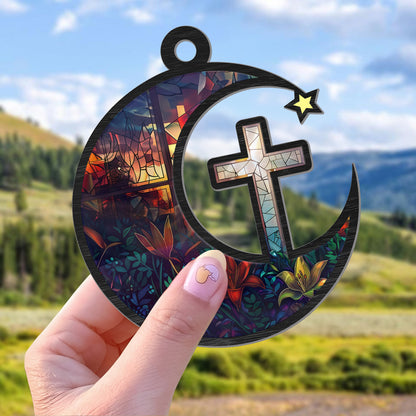 Teesdily | Stained Glass Jesus Cross Suncatcher Ornament, Christian Cross Suncatcher Acrylic Car Hanging Ornament, Christian Christmas Decoration