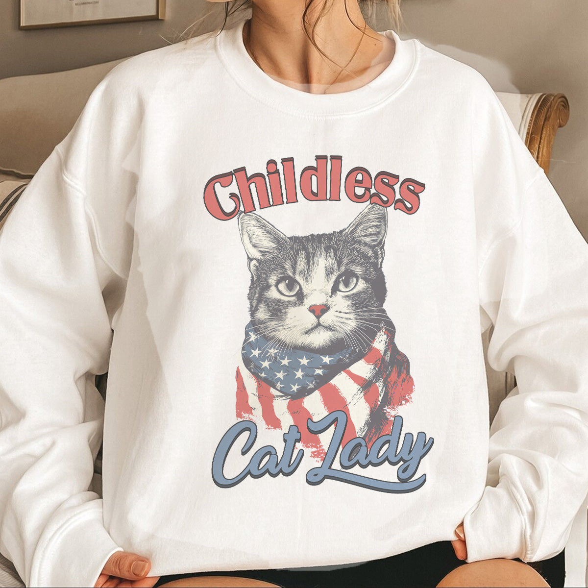 Teesdily | Childless Cat Lady Shirt, Childless Cat Lady For Ka-mala T-shirt, Cat American Flag Sweatshirt Hoodie Mug, Cat Lover Gift