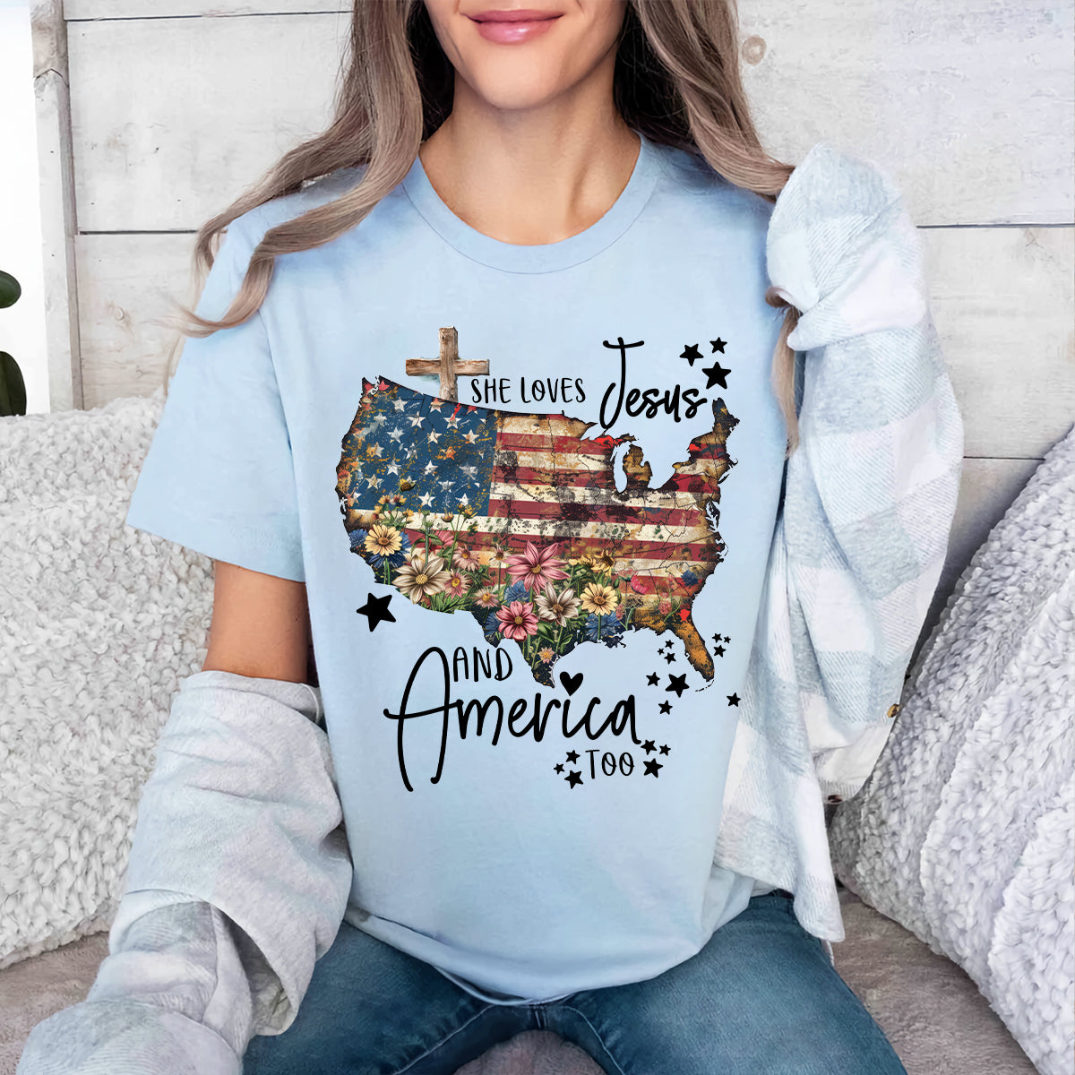 Teesdily | Jesus American Flag Flower Cross Shirt, She Loves Jesus And America Too Sweatshirt, US Pride Patriot Hoodie, Independence Day Gifts