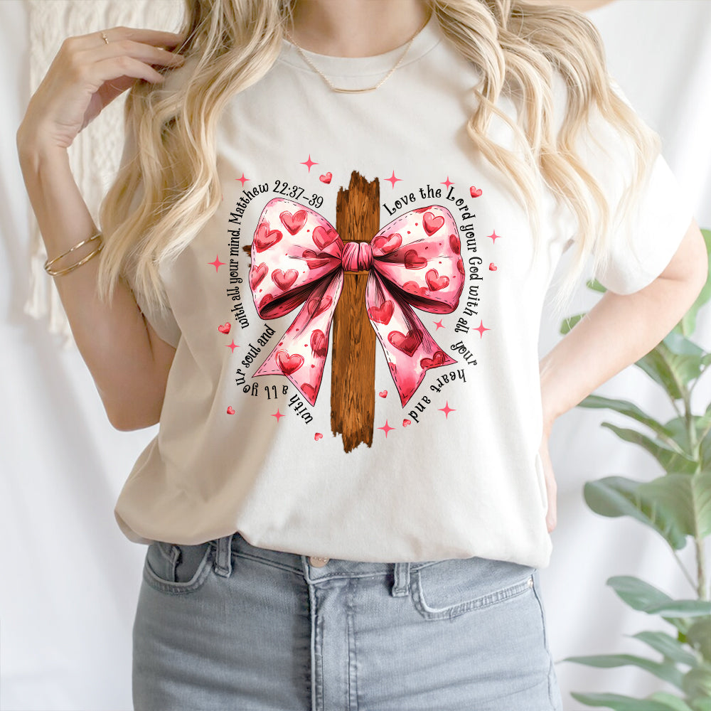 Teesdily | Jesus Cross Bow Shirt, Pink Bow Coquette Valentine Sweatshirt, Love The Lord Your God With All Your Heart Hoodie Mug