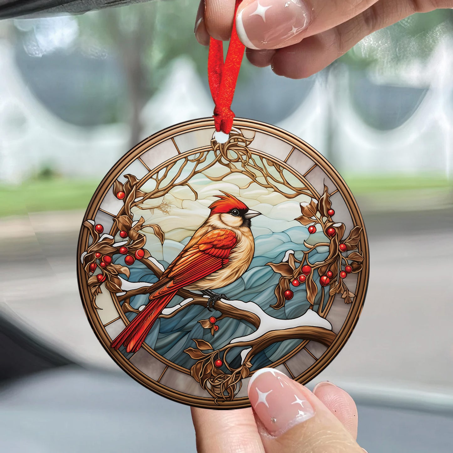 Teesdily | Cardinal Stained Glass Print Ceramic Ornament, Cardinal Bird Art Acrylic Ornament, Jesus Christ Theme Car Ornaments, Christmas Gifts