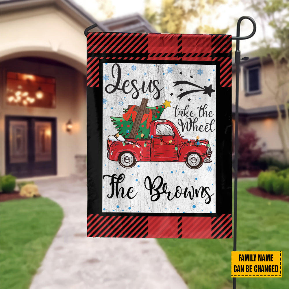 Teesdily | Customized Jesus Take The Wheel Christmas Garden Flag, Red Truck Car Christmas Tree House Flag, Christ Cross Home Flag