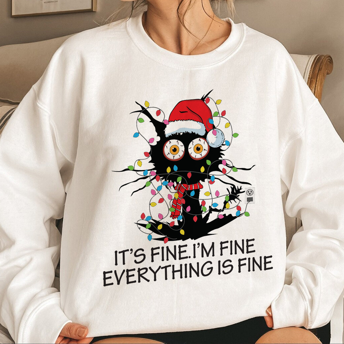 Teesdily | I'm Fine Everything Is Fine Sweatshirt, Christmas Black Cat Santa Shirt, Christmas Light Hoodie Mug, Cat Mom Lover Gift