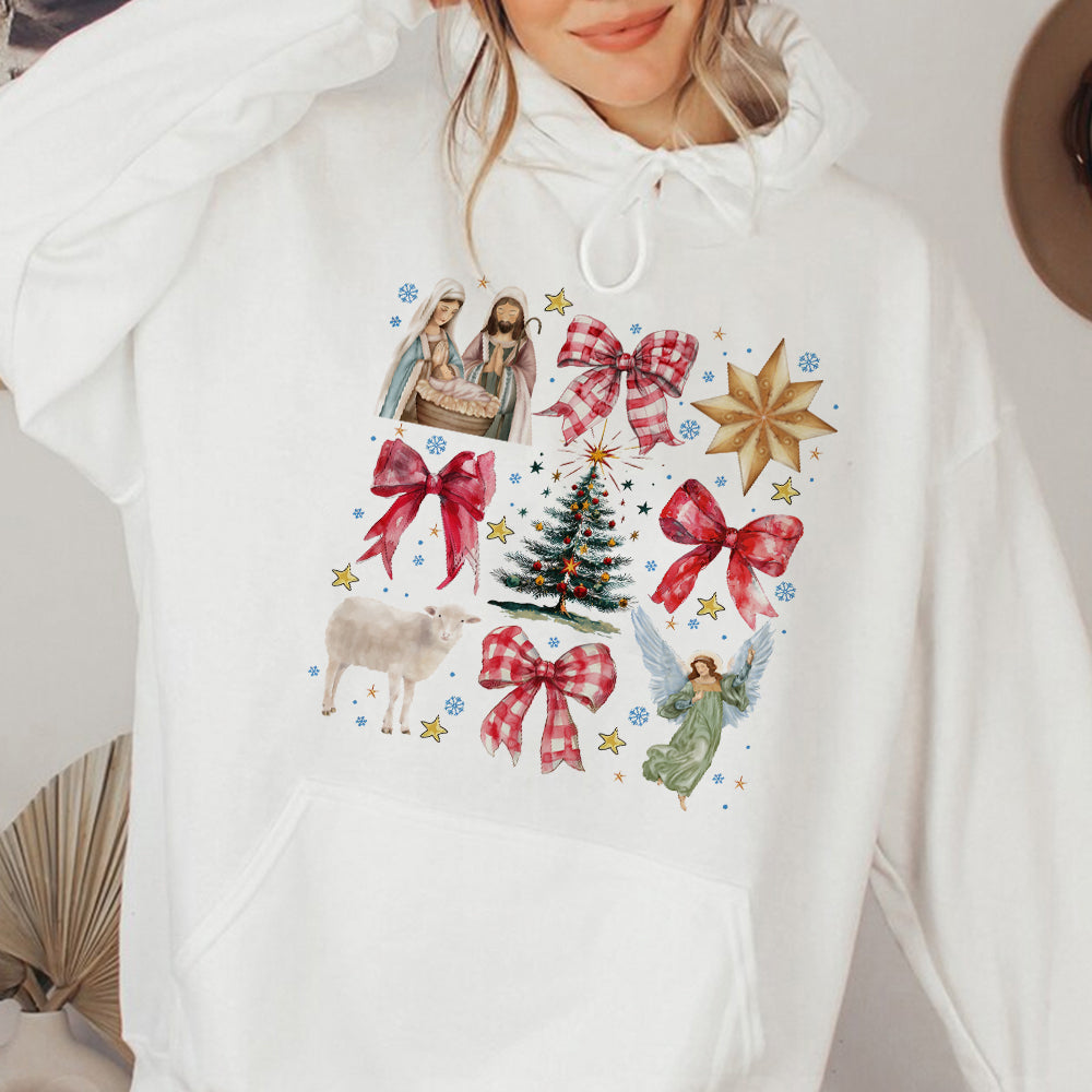 Teesdily | Red Coquette Jesus Nativity Shirt, Holy Night Tee Sweatshirt Hoodie Mug, Jesus Lovers Christmas Gift, Xmas Coquette