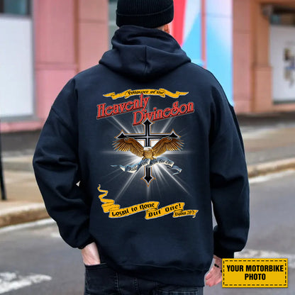 Teesdily | Customized Christian Biker Shirt, Follower Of The Heavenly Divineson Back Design Shirt Sweatshirt Hoodie Mug, Motorcycle Lovers Gifts