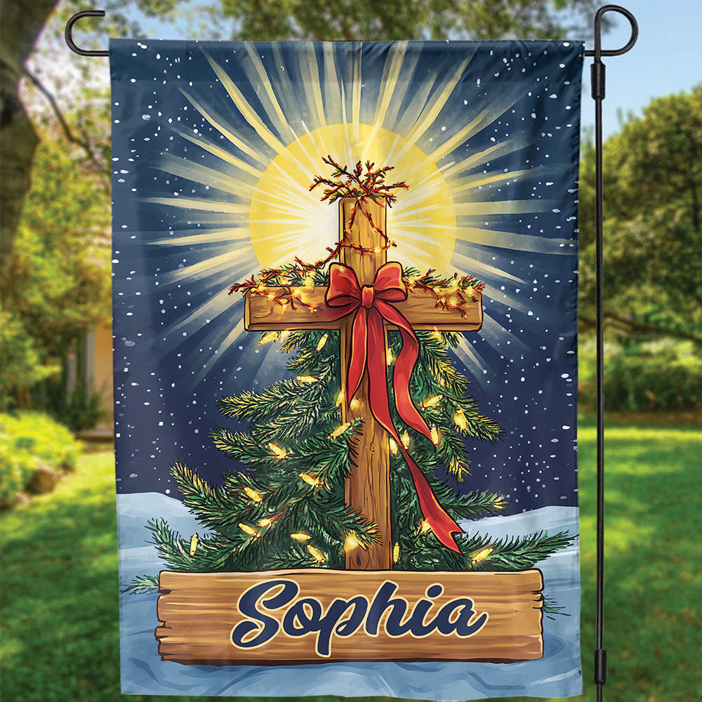 Teesdily | Customized Jesus Christmas Tree Flag, Christ Cross Light Garden Flag, Christmas Bow Religious House Flag Yard Decor