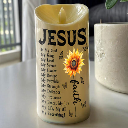 Teesdily | Personalized Jesus Is My God My King My Lord My Savior LED Candle, Jesus Christ Cross Sunflower Candle No Battery Gift