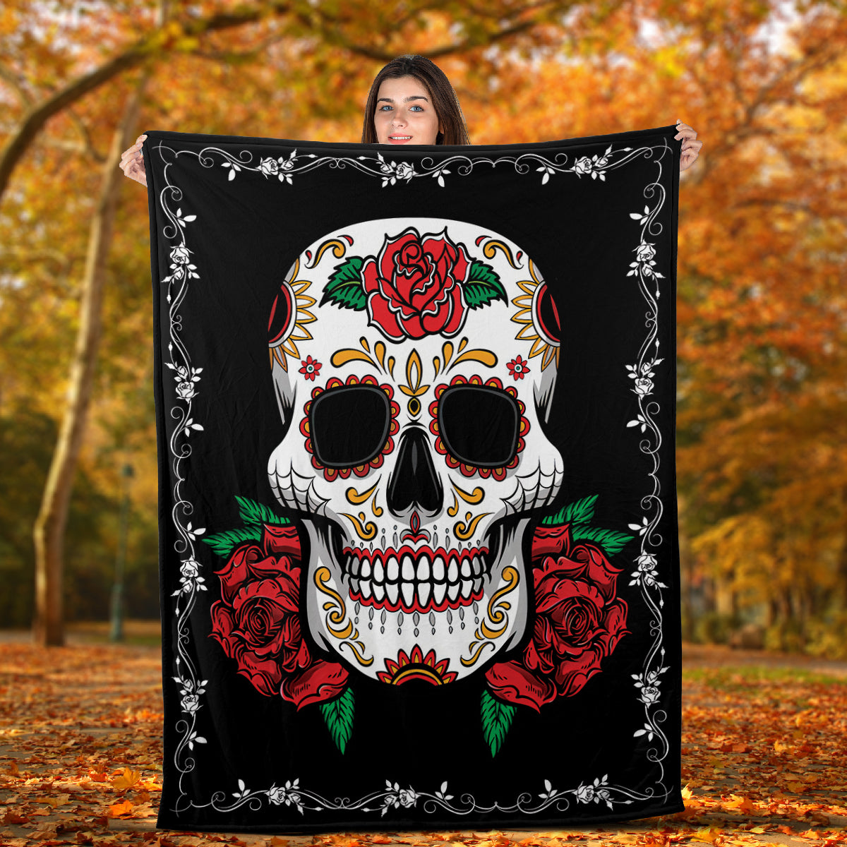 Teesdily | Sugar Skull Rose Blanket Soft Throw Skull Fleece Throw Blanket For Kids Teens Couple Skeleton Bed Blanket Halloween Day Of The Dead Gifts