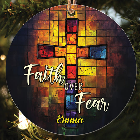 Teesdily | Customized Jesus Cross Stained Glass Print Ornament Christmas, Faith Over Fear Christian Art Ornament Religious Gift