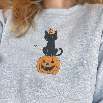 Teesdily | Halloween Embroidered Black Cat Pumpkin Shirt, Embroidery Halloween Pumpkin Embroidered Sweatshirt, Happy Halloween Holiday, Cat Lover Gift