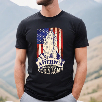 Teesdily | American Flag Jesus Praying Hands Shirt, Make America Godly Again Tee Sweatshirt Hoodie Mug, Jesus Lovers Gifts, Christian Apparel