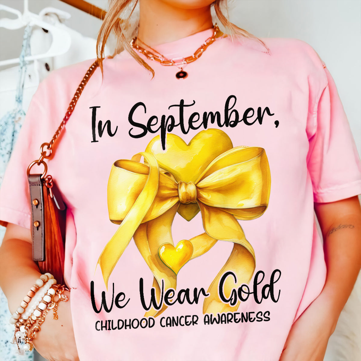 Teesdily | In September We Wear Gold Shirt, Cancer Coquette Bow Gold Sweatshirt, Childhood Cancer Awareness Hoodie Mug Survivor