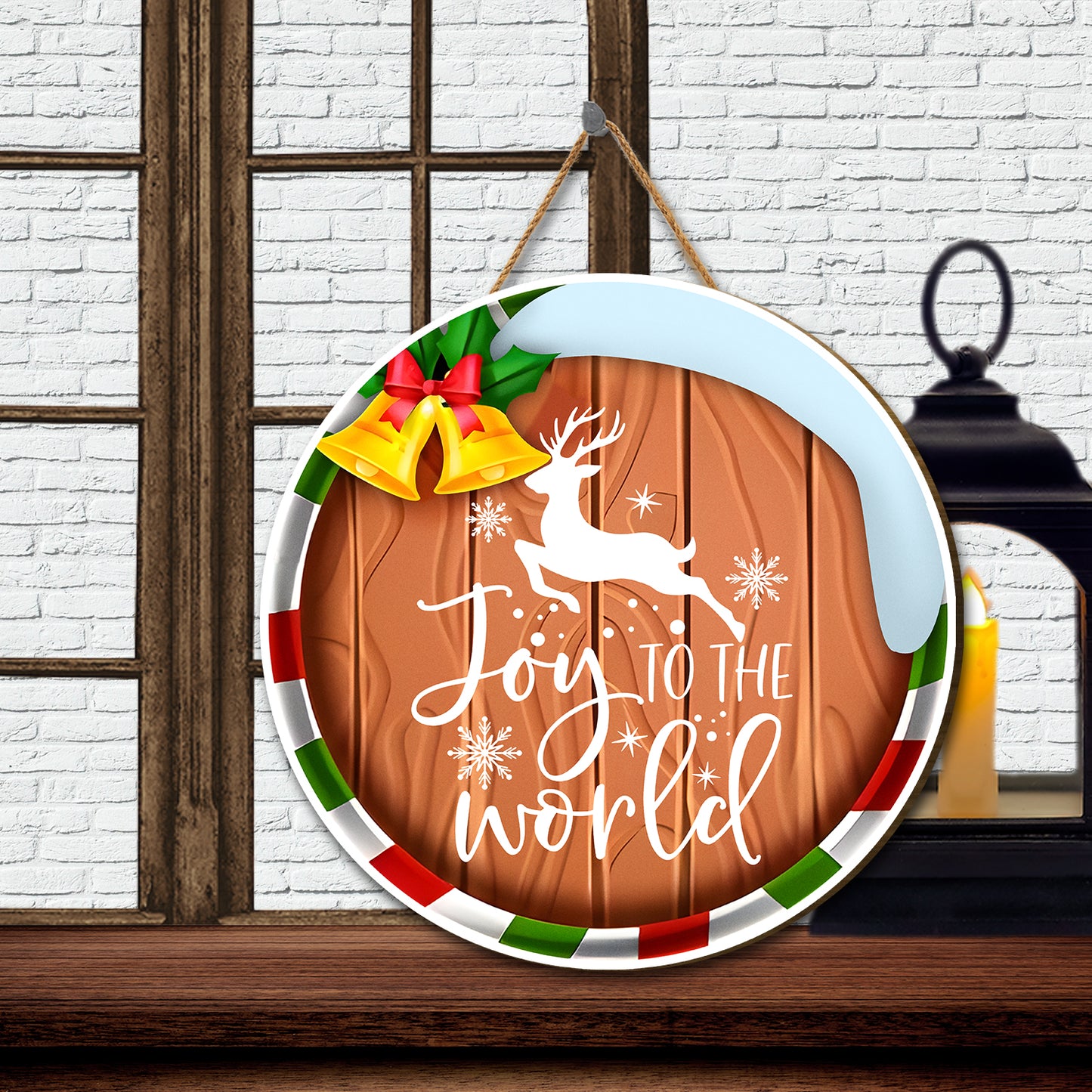 Teesdily | Reindeer Christmas Round Hanging Sign, Joy To The World Christmas Wooden Sign, Merry Christmas Decoration Hanging Sign, Housewarming Gifts