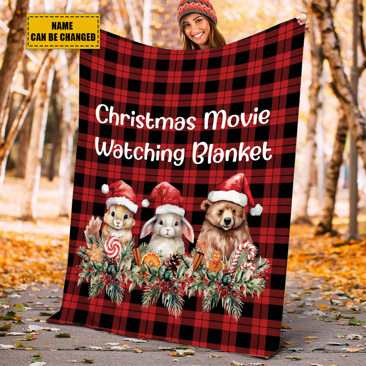 Teesdily | Christmas Woodland Personalized Cute Blanket, Christmas Movie Fleece Blanket, Xmas Plaid Sherpa Blanket, Christmas Custom Gift For Kids