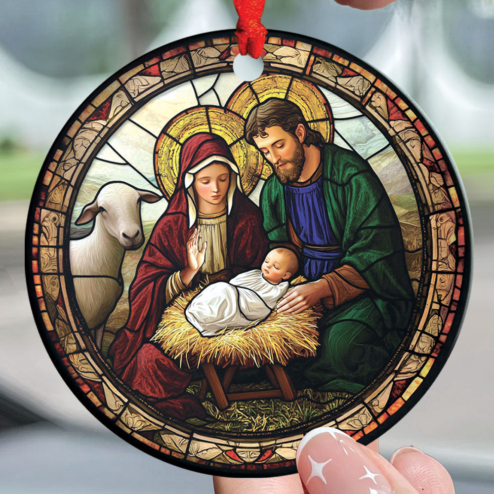 Teesdily | Jesus Christ Mary Christmas Ornament, Holy Family Stained Glass Printed Ornament, Nativity Religious Art Christmas Gift