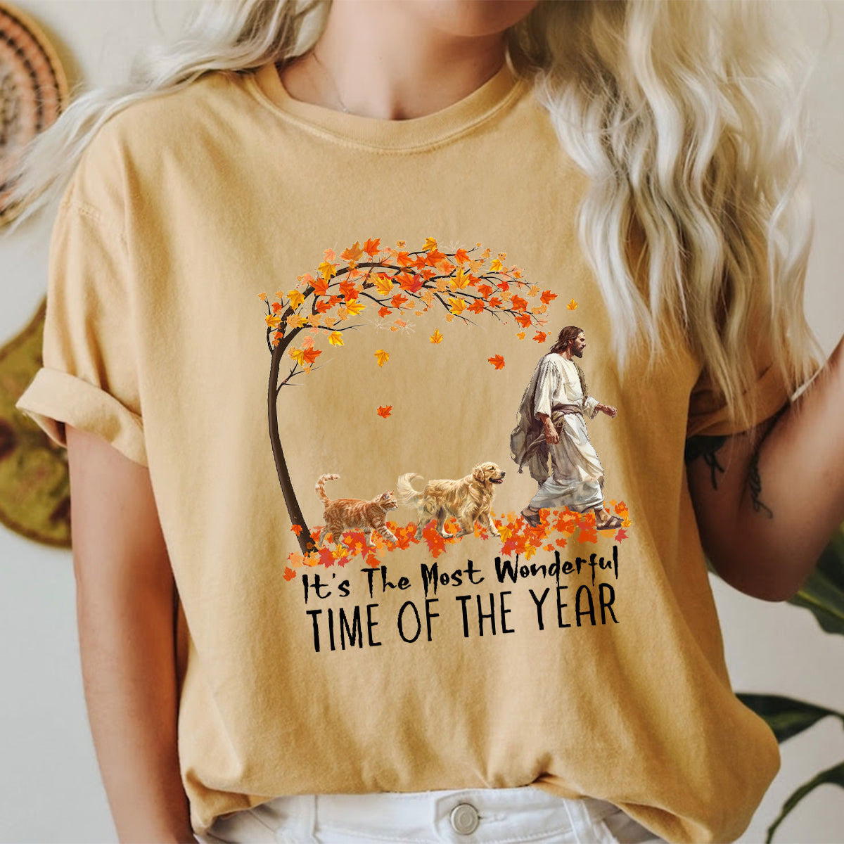 Teesdily | Jesus Golden Retriever And Cat Shirt, It's The Most Wonderful Time Of The Year Sweatshirt Hoodie Mug, Halloween Shirt, Dog Cat Lover Gift