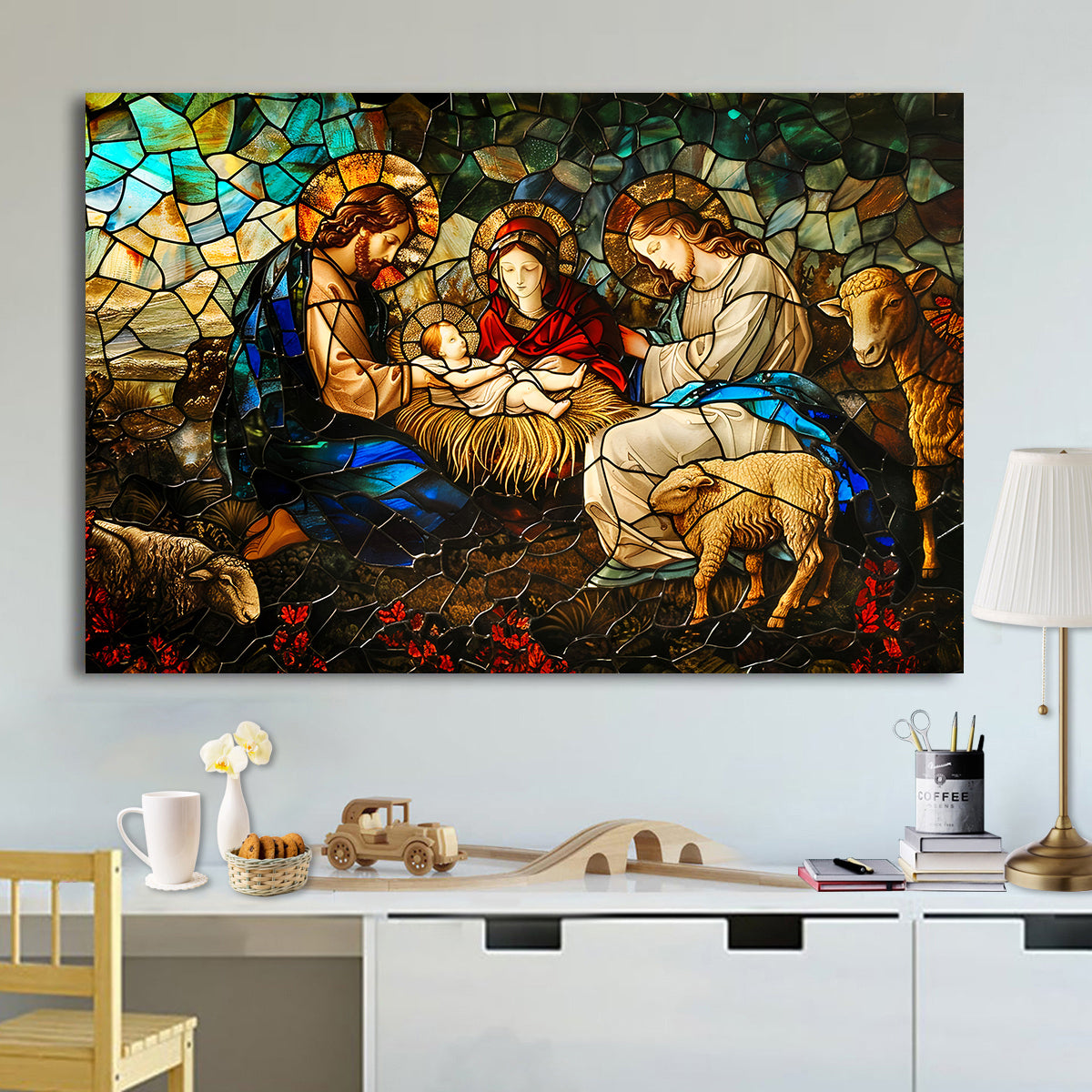 Teesdily | Jesus Nativity Christian Art Poster, Christmas Nativity Jesus Stained Glass Printed Poster, Catholic Art Canvas Wall Decor, God Lover Gift