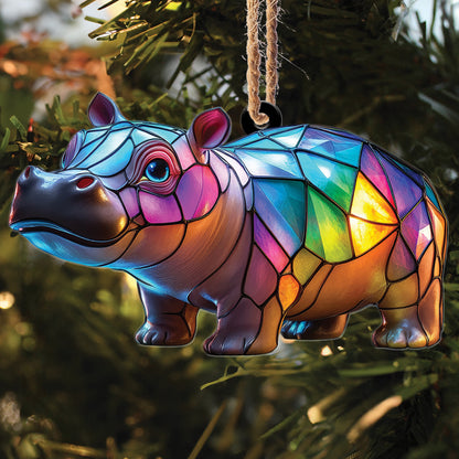 Teesdily | Cute Colorful Mosaic Hippopotamus Christmas Ornament, Stained Glass Design Hippo Xmas Gift Ornament, Hippo Lovers Gift