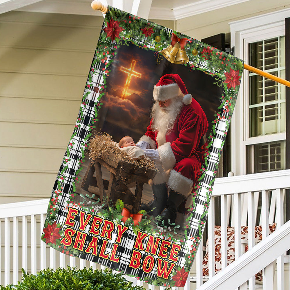 Teesdily | Santa Claus Kneeling With Baby Jesus Christmas Garden Flag, Every Knee Shall Bow House Flag, Christmas Yard Decor