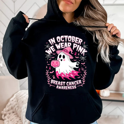 Teesdily | In October We Wear Pink Ghost Shirt, Breast Cancer Awareness Sweatshirt, In October We Wear Pumpkin, Pink Ribbon Hoodie Mug