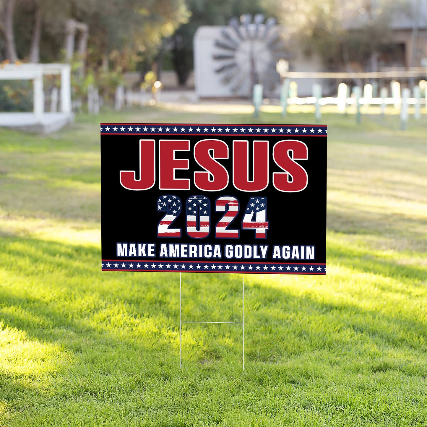 Teesdily | Jesus Make America Godly Again Yard Sign, Christ 2024 Garden Outdoor Sign, American Flag Patriot Lawn Sign, Yard Decor Independence Gifts