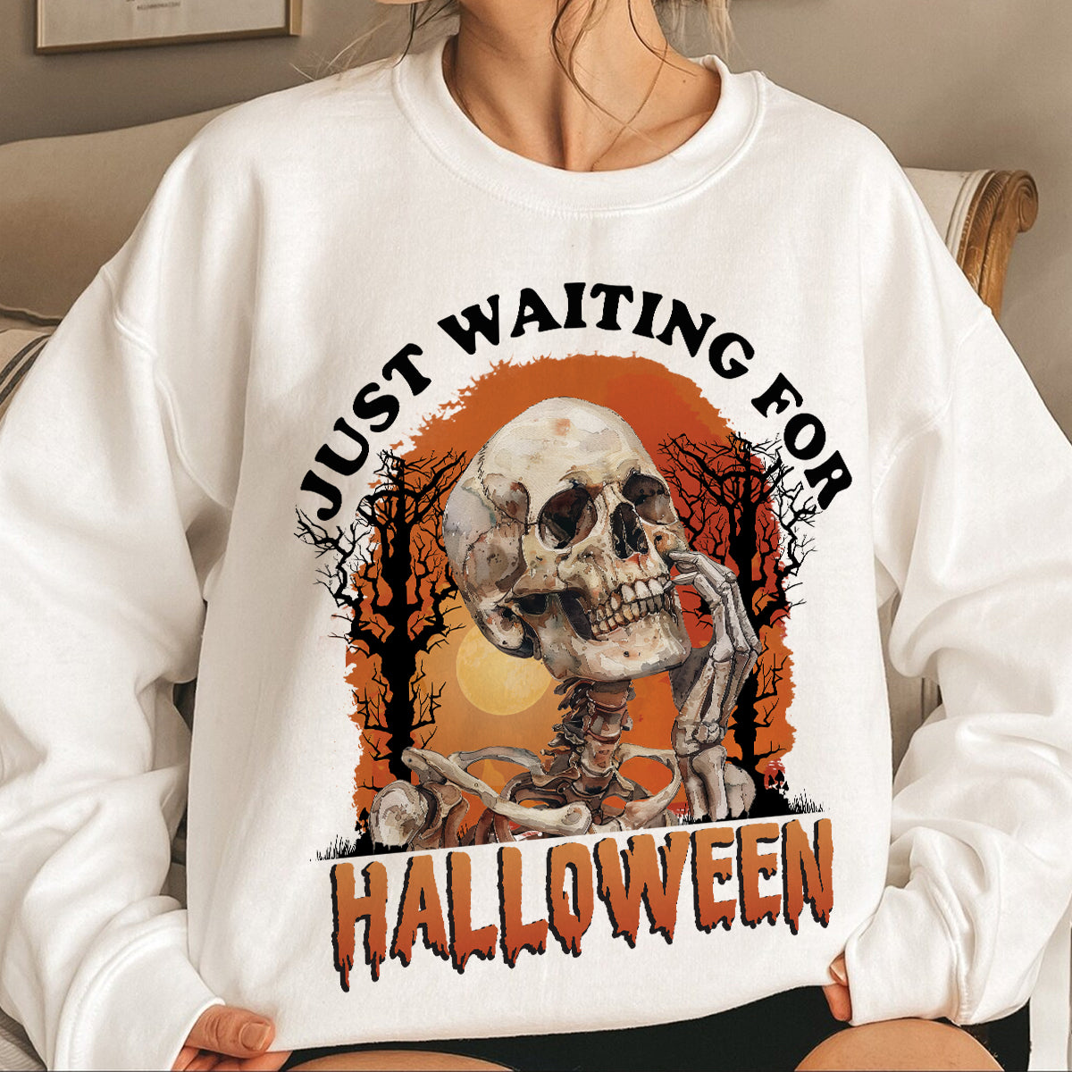 Teesdily | Halloween Cool Skeleton Shirt, Skeleton Just Waiting For Halloween Shirt, Funny Skeleton Sweatshirt Hoodie Mug, Horror Halloween Gifts