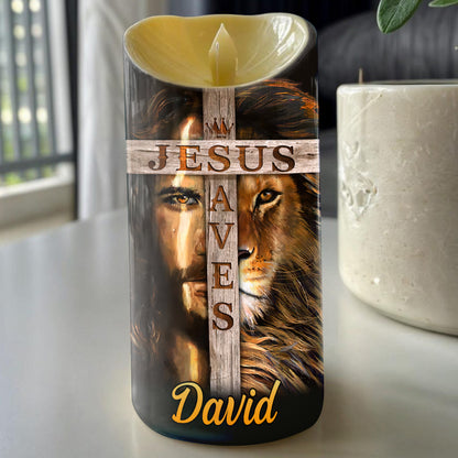 Teesdily | Customized Jesus Lion Of Judah Led Candle, Jesus Saves Flameless Candle, Christmas Jesus Gift, Christian Xmas Gift