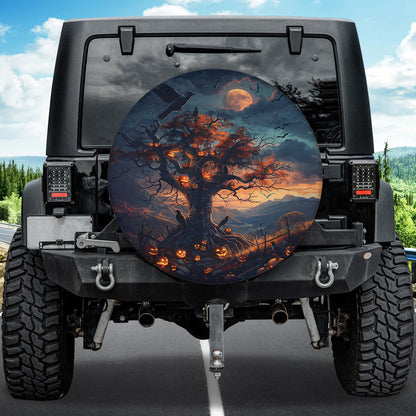 Teesdily | Halloween Night Pumpkin Spare Tire Cover, Halloween Pumpkin Ghost Raven Decor Car, Spooky Season Car Wheel Cover, Car Accessories