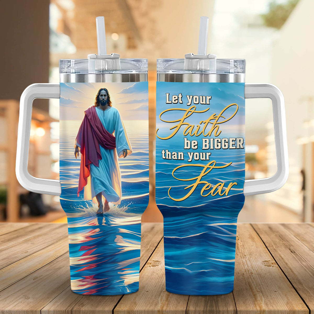 Teesdily | Jesus Beach Walking 40 oz Tumbler With Handle, Let Your Faith Be Bigger Insulated Tumbler, God Faith Believers Inspirational Gifts