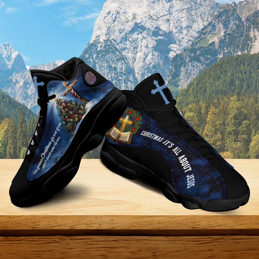 Teesdily | Jesus Christ The Greatest Gift Basketball Shoes, Christmas It's All About Jesus Cross Religious Sport Shoes, Xmas Gift