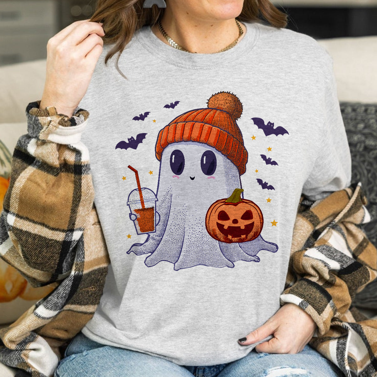 Teesdily | Cute Ghost Halloween Shirt, Happy Halloween Tee Sweatshirt Hoodie, Spooky Vibes Mug, Halloween Gifts Idea