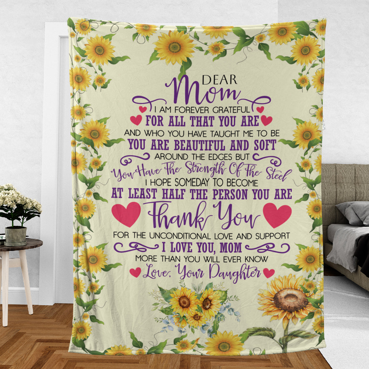 Teesdily | Happy Mother's Day Bed Blanket, Dear Mom Throw Blanket, Sunflower Letter From Daughter Comfort Blanket Mom Gift