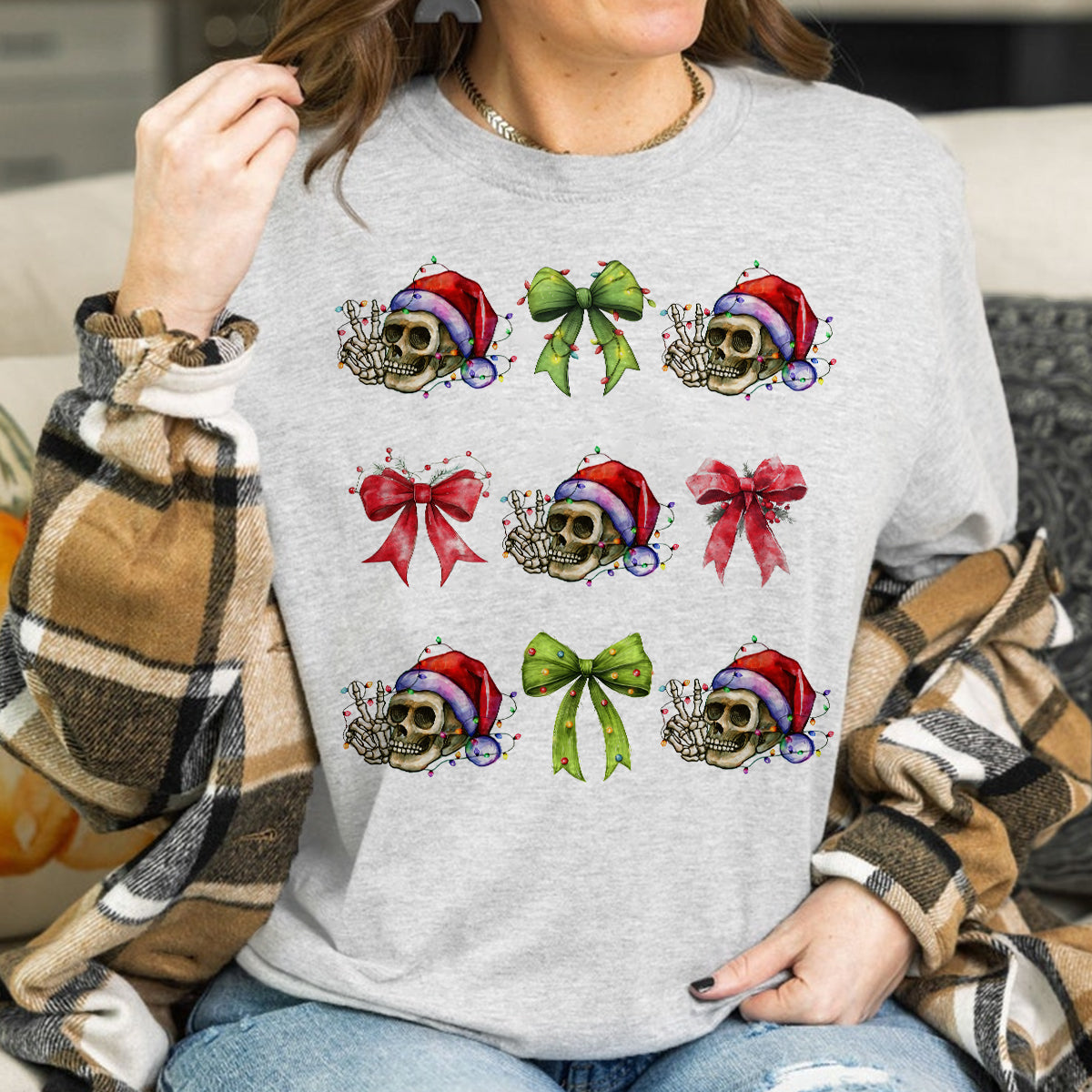 Teesdily | Christmas Coquette Skeleton Bow Shirt, Coquette Bow Skeleton Halloween Sweatshirt, Christmas Light Hoodie Mug Tee