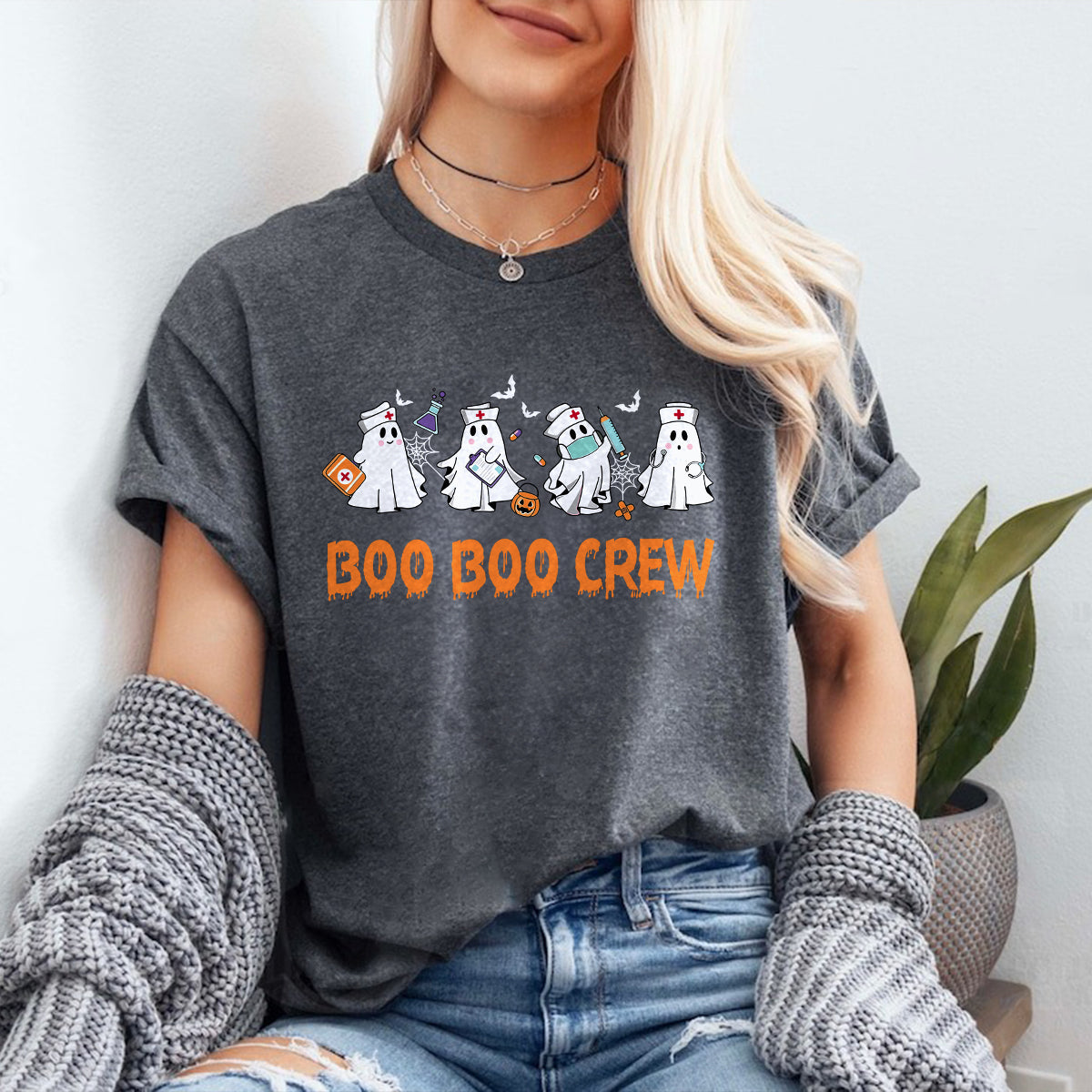 Teesdily | Halloween Nurse T-shirt, Boo Boo Crew Cute Ghost Tee Sweatshirt Hoodie Mug, Halloween Nursing Gift, Spooky Season Gift