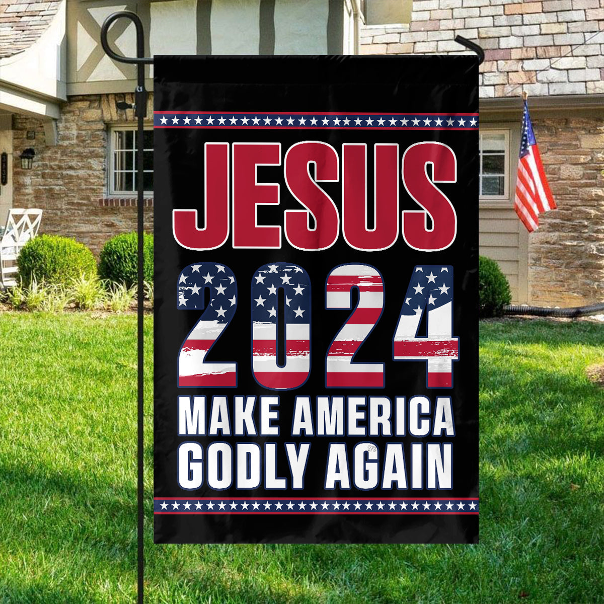 Teesdily | Jesus 2024 Make America Godly Again Patriotic Flags, Jesus American Flag Decor, Independence Day Outdoor Yard Decor, Patriotic Gifts