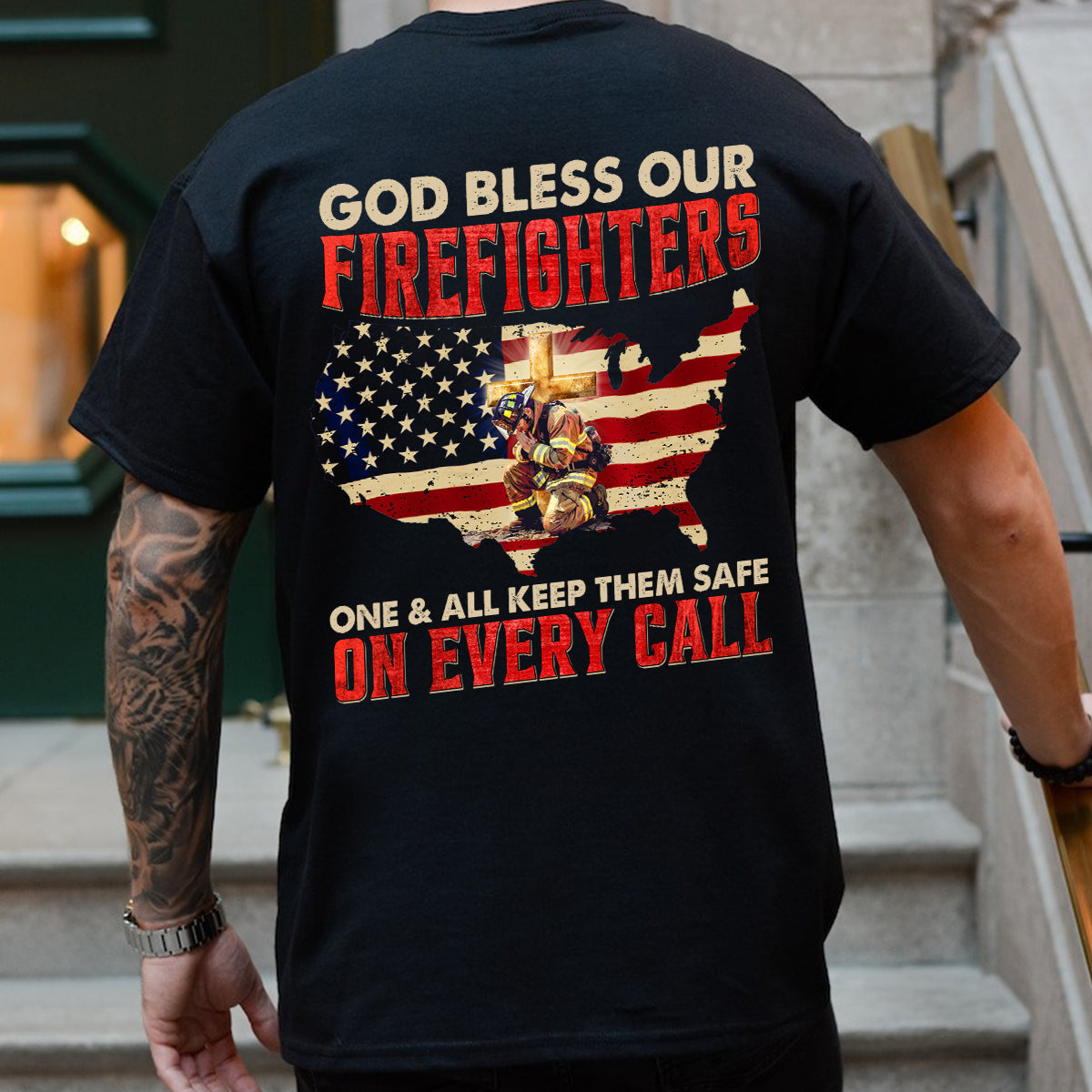 Teesdily | American Flag Firefighter Streetwear Hoodie, God Bless Our Firefighter Tshirt Sweatshirt, Firefighter Mug, Independence Gift For Fireman