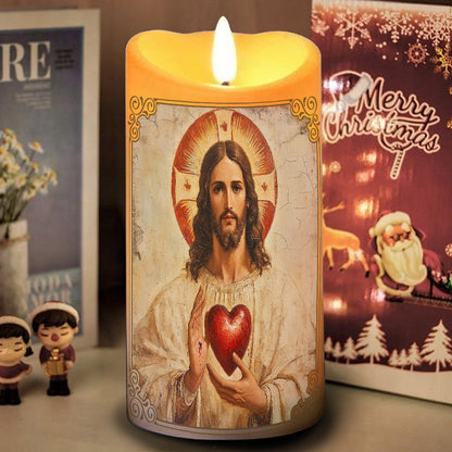 Teesdily | The Lord's Prayer LED Candle, Jesus Christ Scared Heart LED Candle Without Battery, Religious Christmas Home Decor