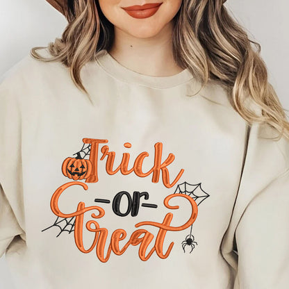 Teesdily | Pumpkin Trick Or Treat Embroidery Shirt, Halloween Pumpkin Embroidered Sweatshirt, Pumpkin Spiderweb Halloween Shirt, Holiday Outfit Gift