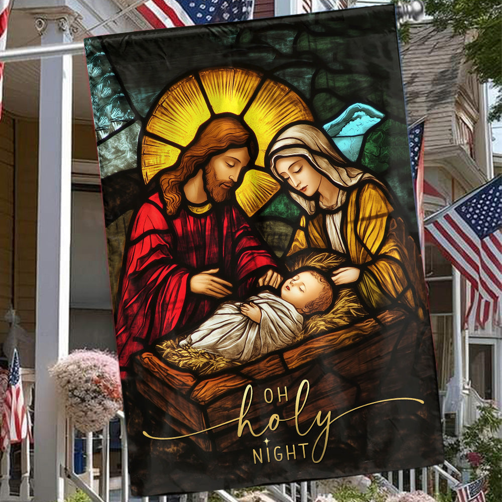 Teesdily | Christmas Jesus Nativity O Holy Night Garden Flag, Christian Christmas Scene Stained Glass Print House Flag Decor Yard