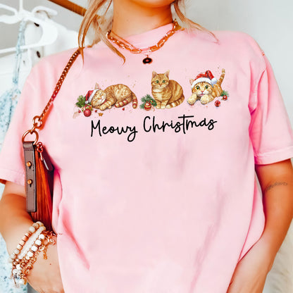 Teesdily | Meowy Christmas Shirt, Meowy Christmas Sweatshirt, Cat Christmas Hoodie Mug, Merry Christmas Cat Shirt, Cat Lover Gift