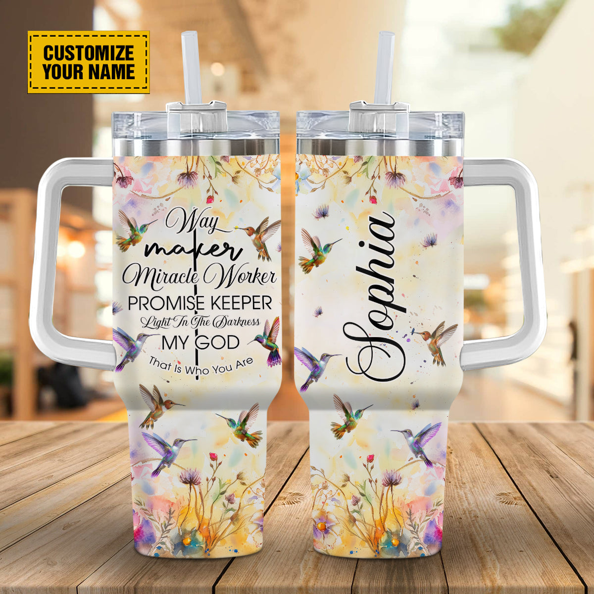 Teesdily | Hummingbird Floral Personalized Tumbler, Way Maker Miracle Worker Tumbler Cups, Religious Gifts For Women, God Tumbler With Lid And Straw