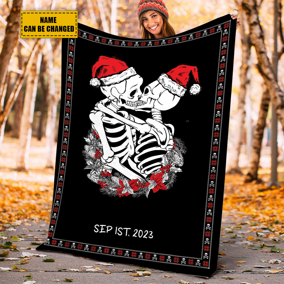 Teesdily | Personalized Skeleton Couple Name Christmas Fleece Throw Blanket Funny Skull Couple Kissing Sherpa Blanket Goth Couple Christmas Gifts