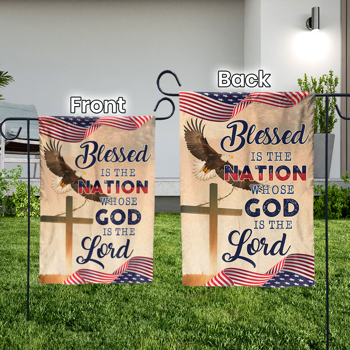 Teesdily | God Cross Eagle American Flag, Blessed Is The Nation House Flag, Independence Day Home Decor, Christian Garden Flag, God Lover Gifts